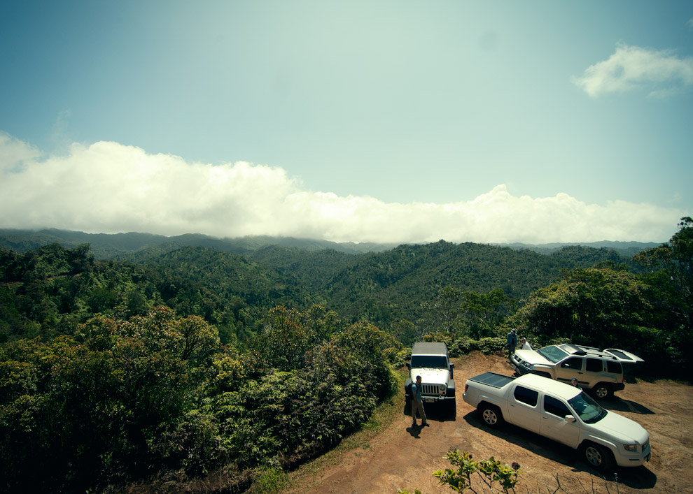 Trucks parked at the Poamoho Trailhead. Hawaii hike.