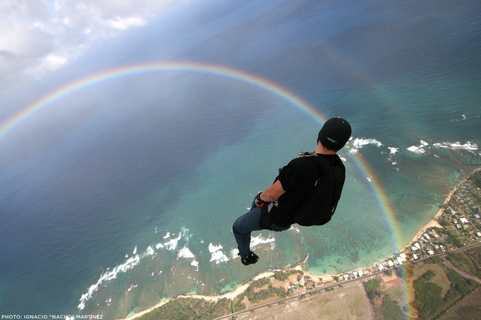 TK skydives into a rainbow over Hawaii