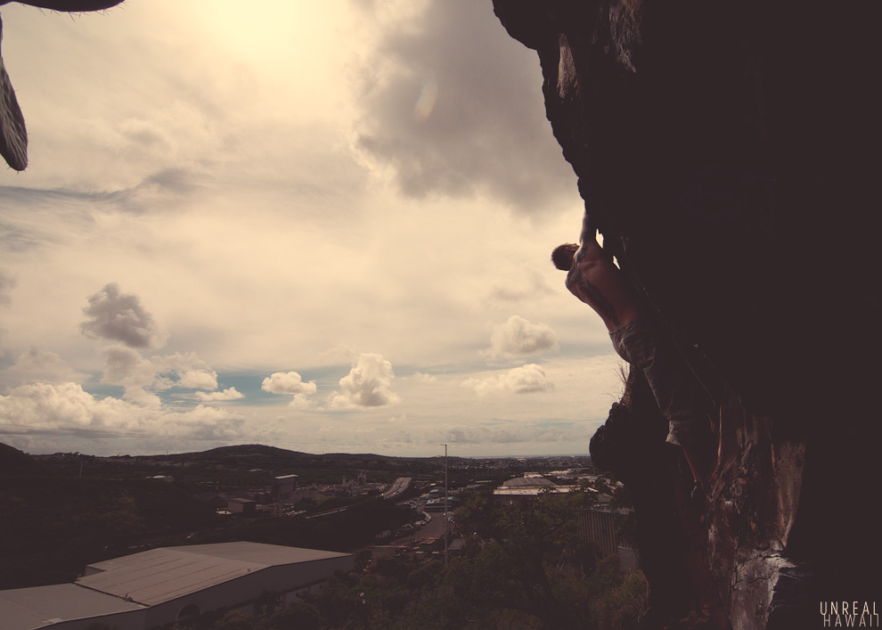 Dennis Shaffer bouldering in Oahu, Hawaii.