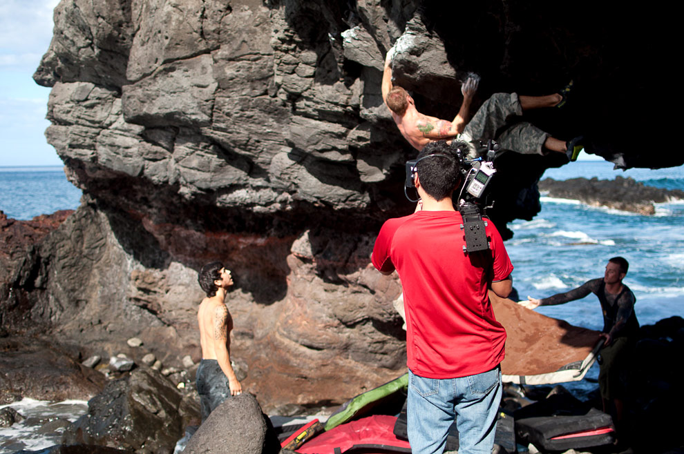 On set filming a Hawaii rock climbing video. West Oahu, Hawaii.