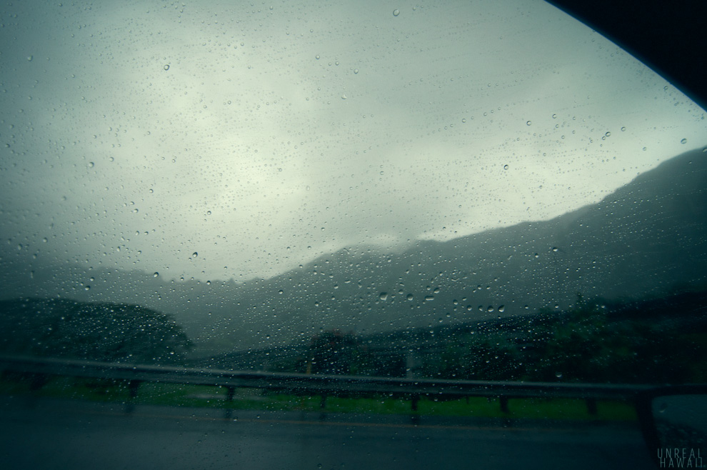 Driving through the rain in East Oahu, Hawaii