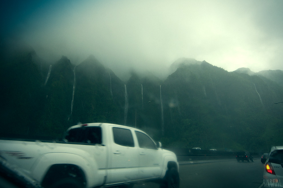 Viewing waterfalls from the H3, Oahu, Hawaii