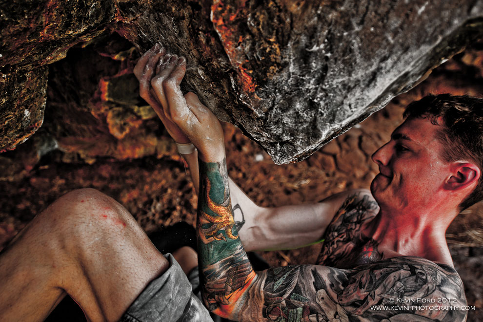 Harry Larson bouldering in Hawaii