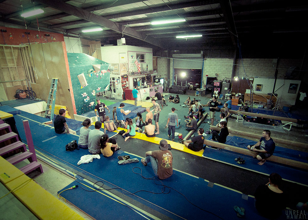 Rock climbers in Hawaii assemble for a competetion at the rock climbing gym