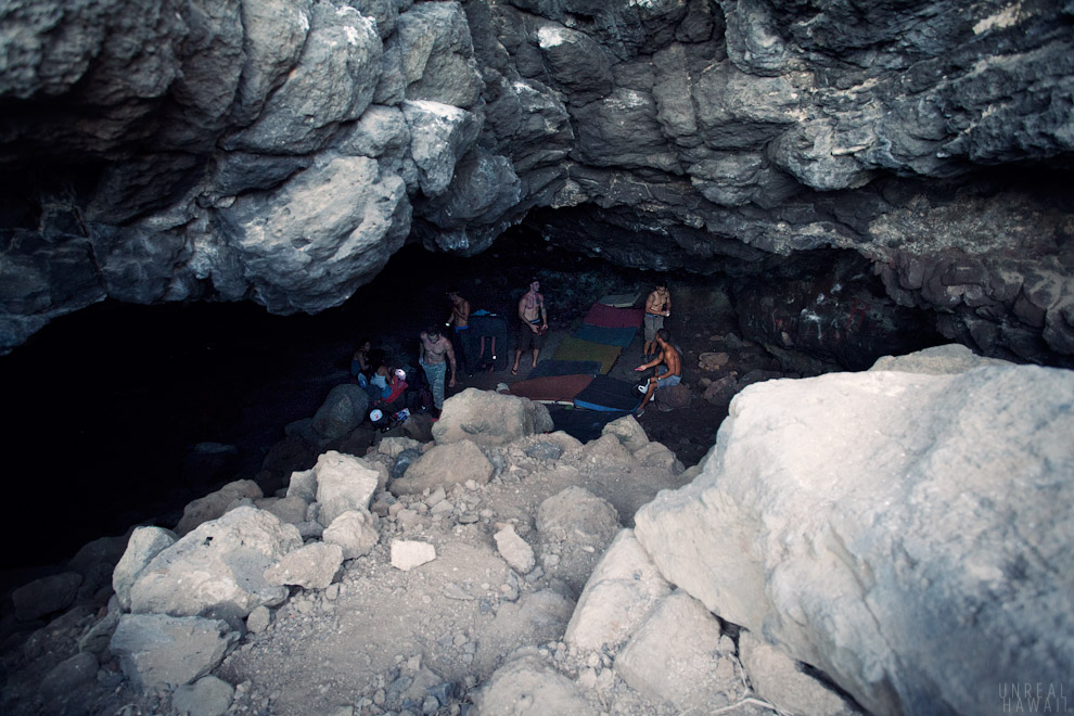 Rock climbers in a Hawaii cave.