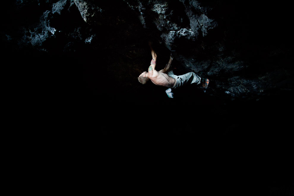 Justin Ridgely, Hawaii rock climber, climbs the Future Cave.