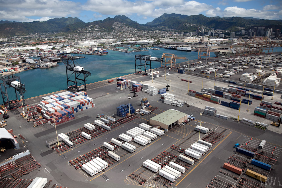 Aerial view of Honolulu Harbor from a helicopter tour on Oahu, Hawaii