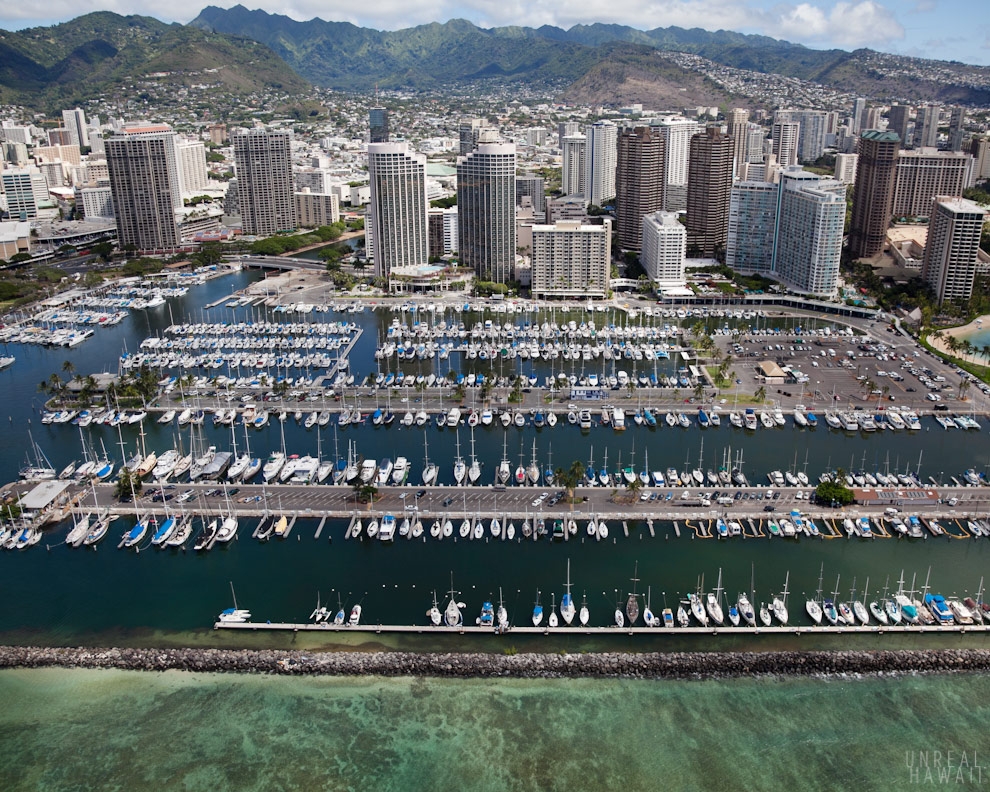 Aerial view of the Waikiki Marina from a helicopter tour, Oahu, Hawaii
