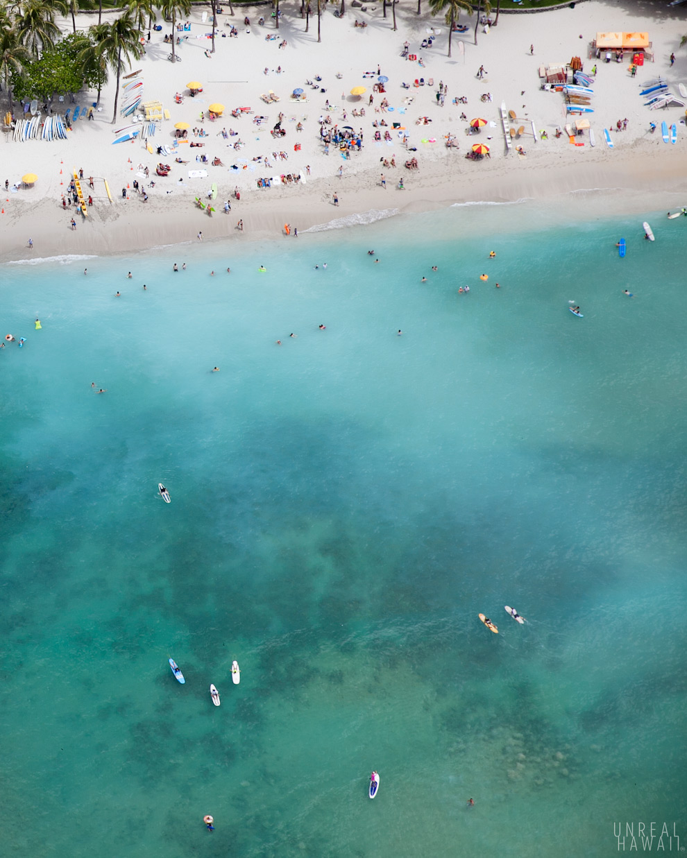 Aerial view of Waikiki Beach from a helicopter tour on Oahu, Hawaii