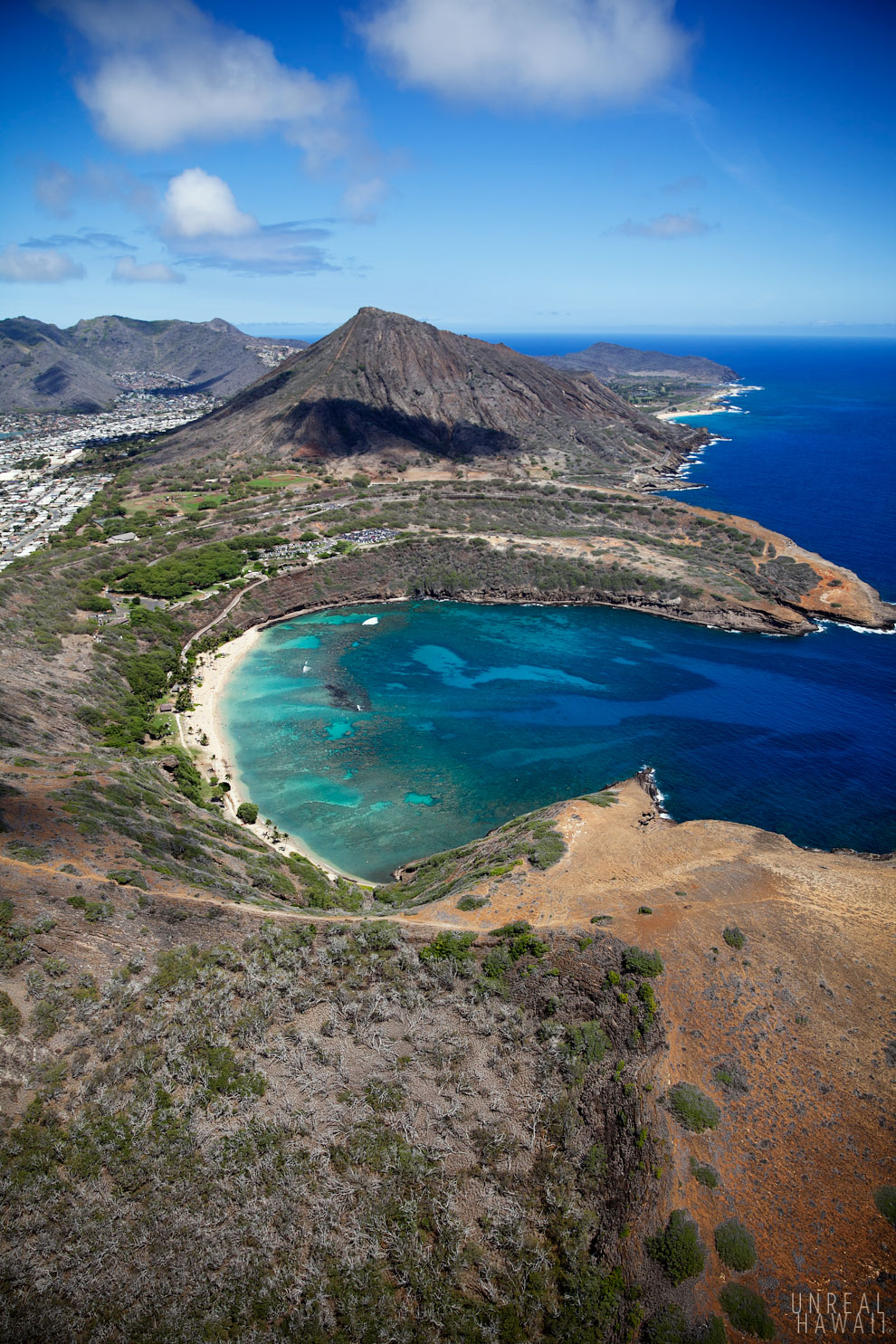 Aerial view of Hanauma Bay and Koko Head Crater from an Oahu helicopter tour, Hawaii