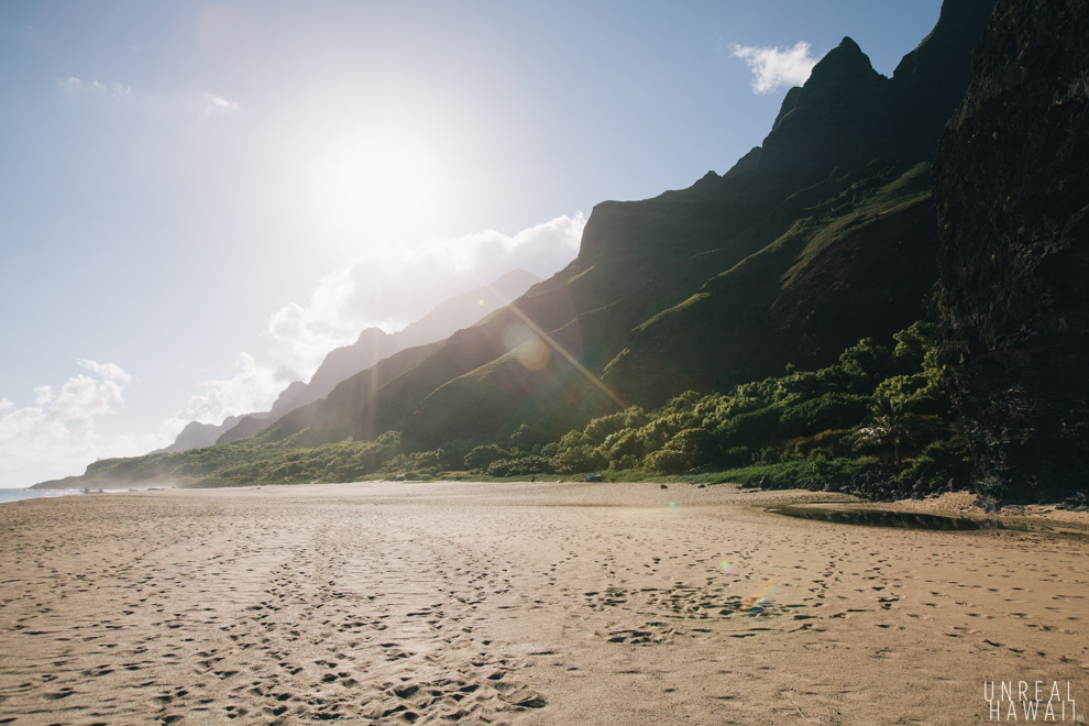 The sun rising over Kalalau Beach, Kauai, Hawaii