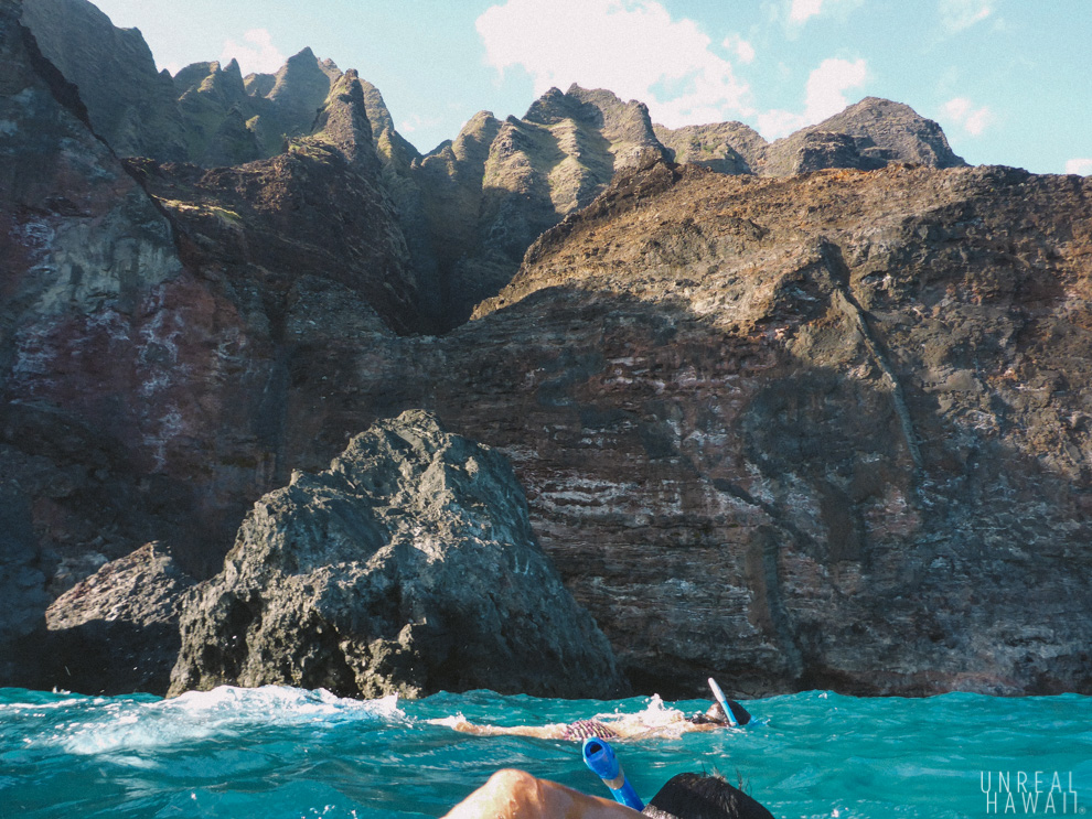 Swimming to Honopu Beach, Kauai, Hawaii