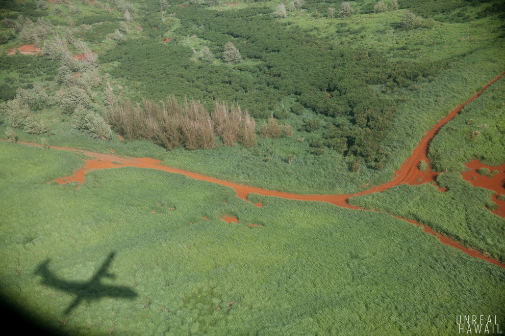 View of dirt roads on Lanai from the air. 